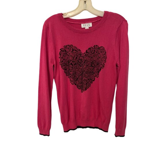 Elle Women's Hot Pink Chantilly Lace Heart Sweater Lightweight Size M - Picture 1 of 3
